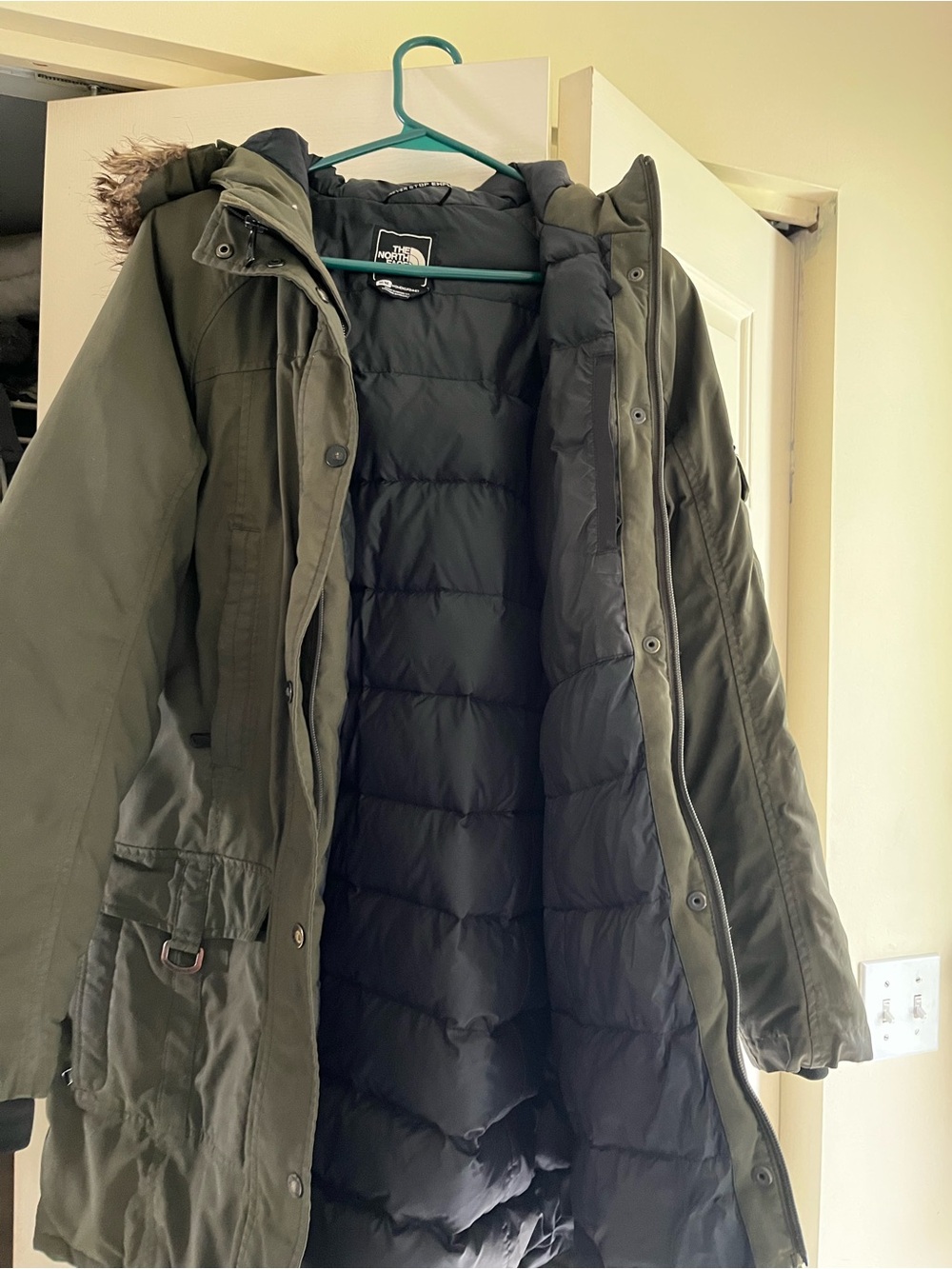 The North Face Olive Green Hooded Puffer Coat with Black Quilted Liner